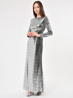 Sequin Hijab Evening Dress Silver