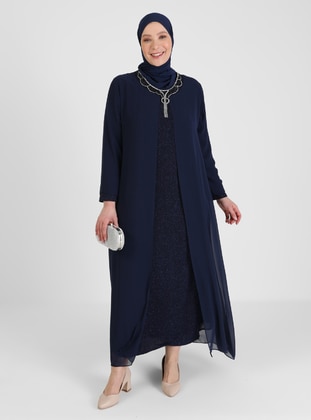 Silvery Hijab Evening Dress With Stone Detailed Collar Navy Blue