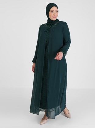 Bead And Stone Detailed Hijab Evening Dress Green