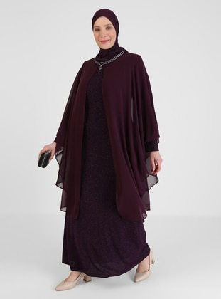Cape Collar Stone Detailed Silvery Hijab Evening Dress Purple