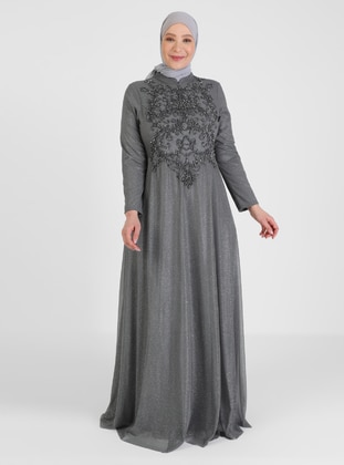 Embroidery And Stone Embroidered Silvery Hijab Evening Dress Gray