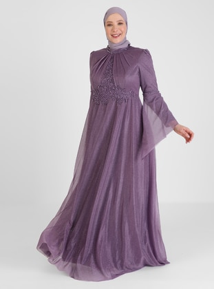 Lilac - Silvery - Fully Lined - Crew neck - Modest Plus Size Evening Dress - Atay Gökmen