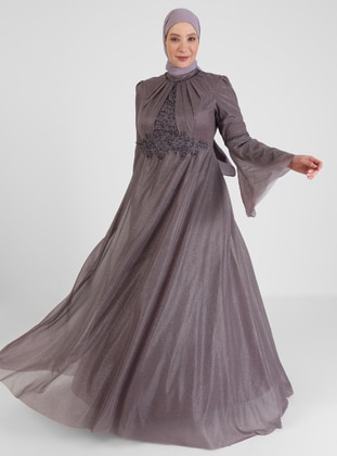 Embroidery And Stone Embroidered Silvery Hijab Evening Dress Lavender