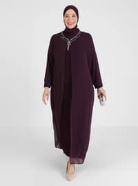 Stone Detailed Collar Murgundy Silvery Hijab Evening Dresses