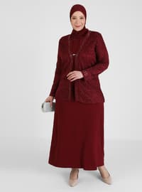 Maroon - Fully Lined - Crew neck - Modest Plus Size Evening Dress