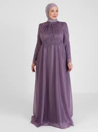 Lilac - Silvery - Fully Lined - Crew neck - Modest Plus Size Evening Dress