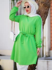 Back Zippered Tunic With Elastic Sleeves And Belt Detailed Waistband Green