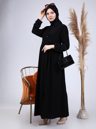 Black - Point Collar - Unlined - Plus Size Abaya - Ferace