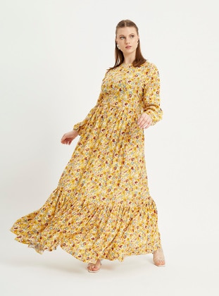 Yellow - Floral - Unlined - Crew neck - Plus Size Dress - XANZAD