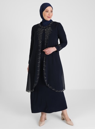 Staple Detailed Hijab Evening Dress Navy Blue