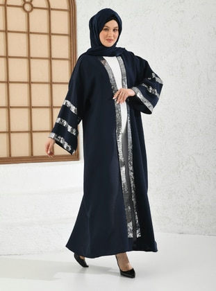 Striped Sequin Sequin Accessory Abaya Navy Blue Silver