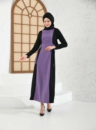 Purple - Black - Crew neck - Unlined - Modest Dress - Tuncay
