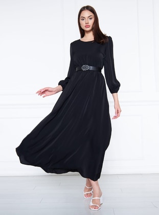 Black - Crew neck - Unlined - Cotton - Modest Dress - Nurkombin