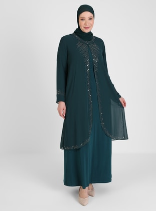 Staple Detailed Hijab Evening Dress Green
