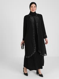 Staple Detailed Hijab Evening Dress Black