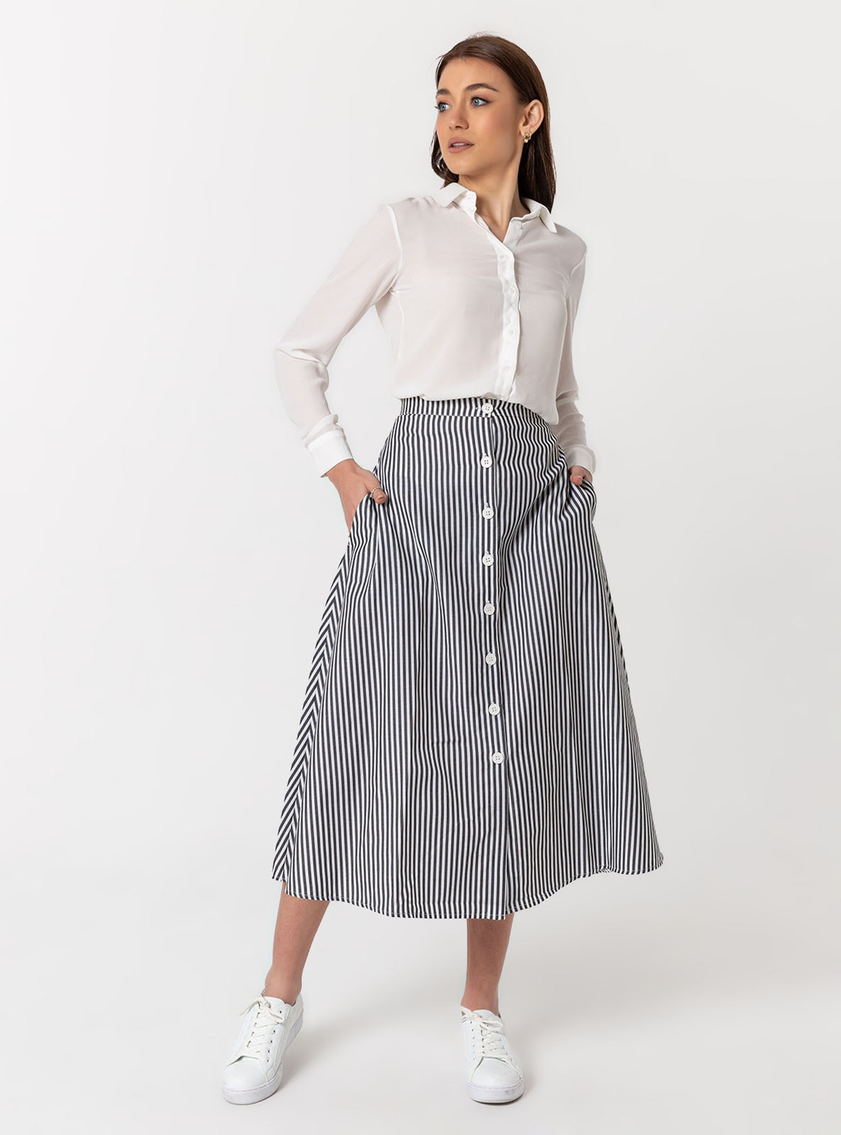 Black - Stripe - Unlined - Cotton - Skirt