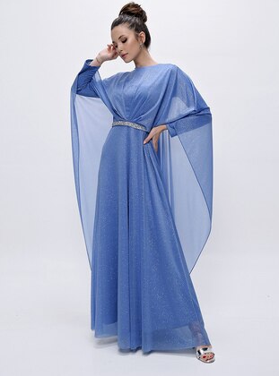 Silvery Hijab Evening Dresses With Stones And Capes Indigo