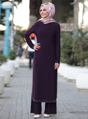 Pearl Two Piece Hijab Evening Dresses Purple