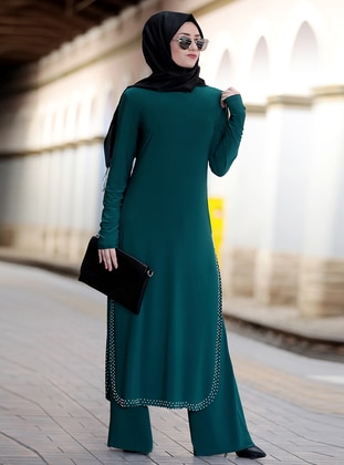 Pearl Two Piece Hijab Evening Dresses Emerald Green