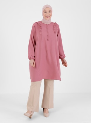Pink - Crew neck - Plus Size Tunic - GELİNCE