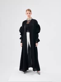Double Shirred Sleeve Detailed Abaya Black