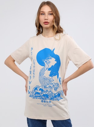 Printed - Ecru - Blue - Cotton - T-Shirt - Nare