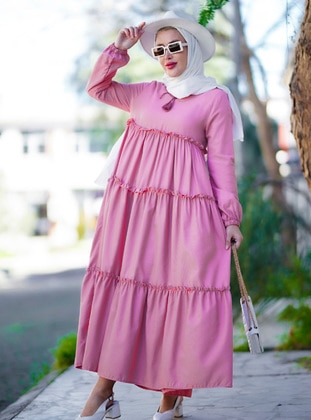 3-Piece Fringed Oversized Long Modest Dress With Lace-Up Collar Deep Pink