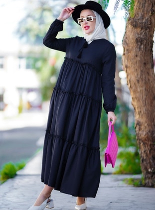Black - Crew neck - Unlined - Cotton - Modest Dress - Por La Cara