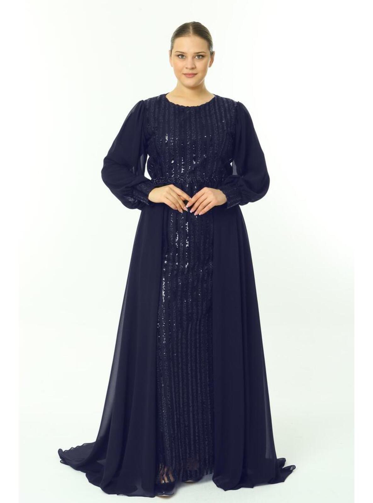 Navy Blue - Modest Plus Size Evening Dress - Arıkan