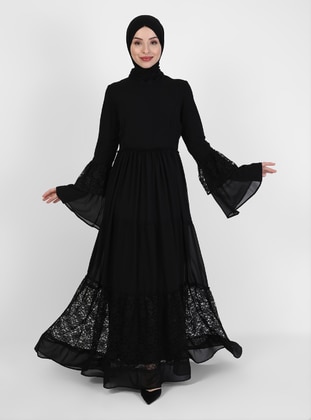 Lace Ruffled Hijab Evening Dress Black