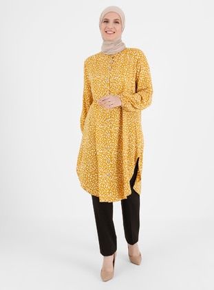 Button Detailed Patterned Plus Size Viscose Tunic Mustard