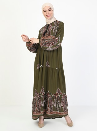 Patterned Modest Dress Khaki