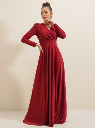 Double-Breasted Collar Shoulders Pleated Lined Silvery Long Hijab Evening Dress Burgundy