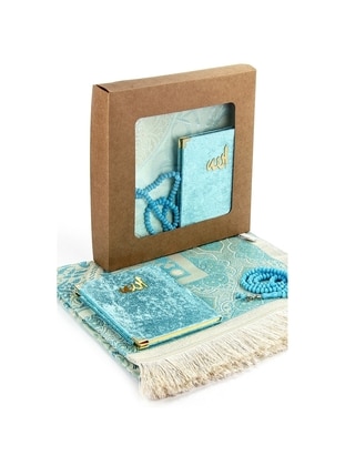 Prayer Rug Box Set - Velvet Covered Yasin - Prayer Rug - Rosary Tasbih - Blue Color