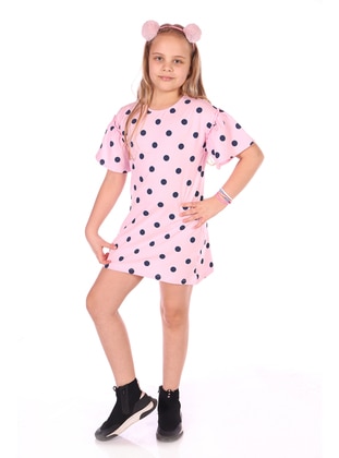 Toontoy Kız Çocuk Kolu Fırfırlı Komple Puantiye Baskılı Elbise-Pembe