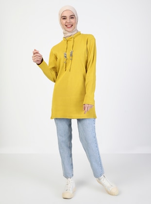 Collar Detailed Long Sweatshirt Yellow