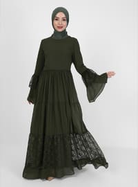 Lace Ruffled Hijab Evening Dress Khaki
