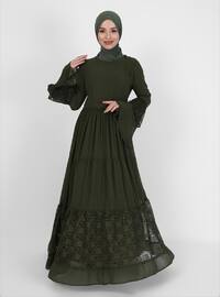 Lace Ruffled Hijab Evening Dress Khaki