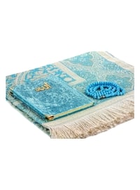 Prayer Rug Box Set - Velvet Covered Yasin - Prayer Rug - Rosary Tasbih - Blue Color