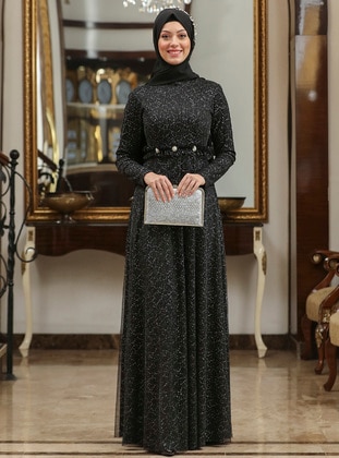 Black - Silvery - Fully Lined - Crew neck - Modest Evening Dress  - Semra Aydın