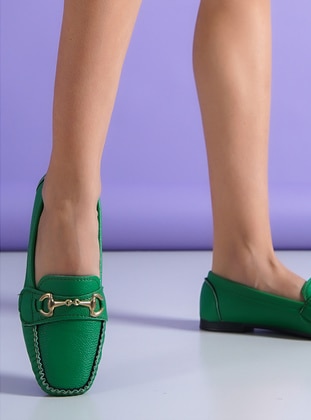 Green - Green - Flat - Loafer - Faux Leather - Flat Shoes - Ayakkabı Havuzu
