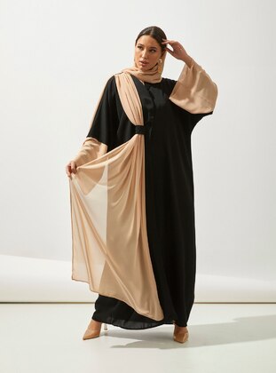 Camel - Black - Unlined - V neck Collar - Abaya - AL SHEIKHA