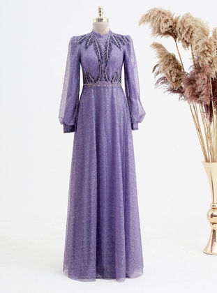 Lilac - Silvery - Fully Lined - Crew neck - Modest Evening Dress - LARACHE