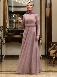 Dusty Rose - Silvery - Fully Lined - Crew neck - Modest Evening Dress
