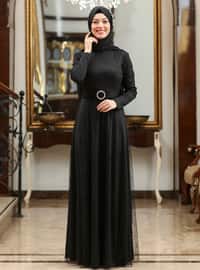 Black - Silvery - Fully Lined - Crew neck - Modest Evening Dress