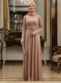 Salmon - Silvery - Fully Lined - Crew neck - Modest Evening Dress