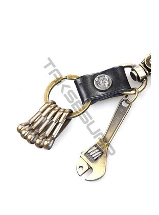 Khaki Men Leather Keychain Wrench Design Black Khaki