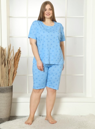 Blue - Multi - Plus Size Pyjamas - AKBENİZ