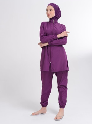 Purple - Fully Lined - Full Coverage Swimsuit Burkini - Alfasa