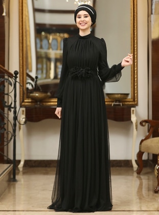 Black - Crew neck - Modest Evening Dress - Azra Design